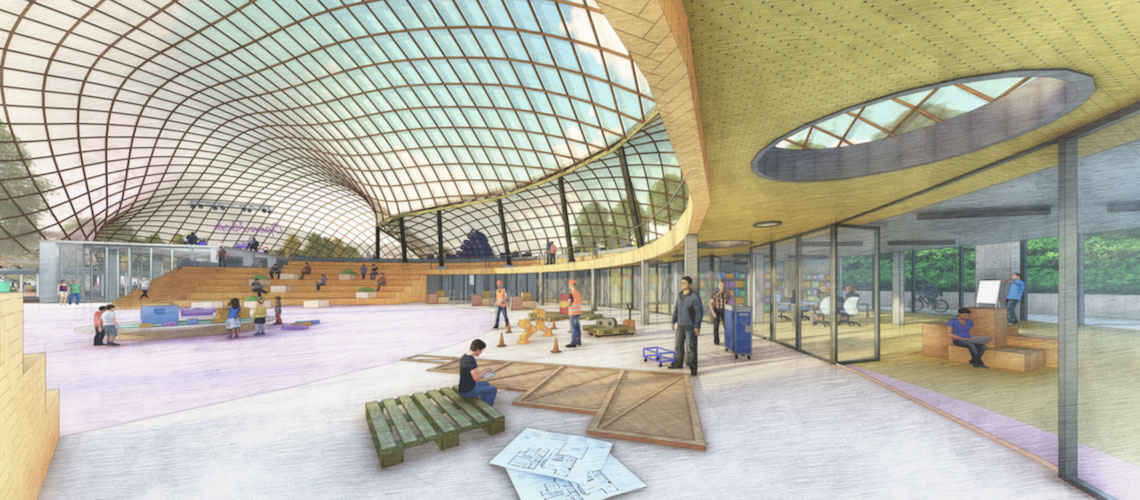 Blick in den Innenraum der sanierten Multihalle („Democratic Umbrella“) mit offener Halle, modularen Möbeln und neuen Räumen unter der Tribüne, Visualisierung: COFO+Peña Architects (Rotterdam), mit freundlicher Genehmigung der Stadt Mannheim