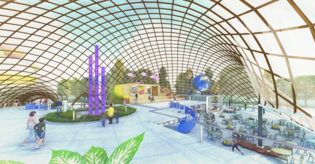 Blick in die offene Halle und das Restaurant (rechts unten) des „Democratic Umbrella“, Visualisierung: COFO+Peña Architects (Rotterdam), mit freundlicher Genehmigung der Stadt Mannheim
