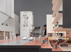 Blick in die fiktive Stadtinszenierung, Hauptraum des Vitra Design Museums (Bild: Hannes Henz)