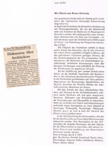 An der TU Braunschweig zeigten aufmüpfige Ideen später als anderorts Wirkung. 1972 sah sich die Professorenschaft (u. a. Hansmartin Bruckmann, Konrad Hecht, Walter Henn ...) zu einer "Charta" genötigt, die sogar in der Zeitschrift werk veröffentlicht wurde. (Bild: Archiv Dechau)