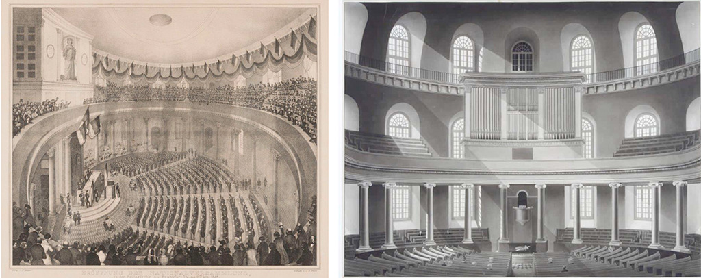 Eröffnung der Nationalversammlung (mit abgehängter Zwischendecke) am 18. Mai 1848, Kreidelithografie, Historisches Museum Frankfurt; rechts: Innensicht der Paulskirche mit Empore, etwa 1833, Tuschezeichnung (Hiistorisches Museum Frankfurt)