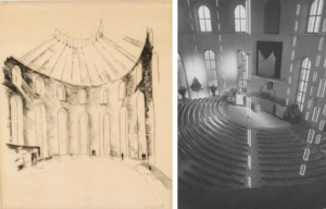 Links: Entwurf des Saals, etwa 1946, Planungsgemeinschaft Paulskirche, Kohlezeichnung, Deutsches Architekturmuseum; rechts: Blick aus dem Regieraum, 1948 (Foto: Elisabeth Hase, Robert Mann Gallery, New York)