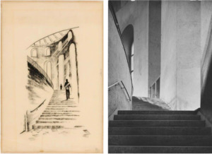 Links: Treppenaufgang zum Saal, etwa 1946, Planungsgemeinschaft Paulskirche. Kohlezeichnung, Deutsches Architekturmuseum; rechts: Treppenaufgang etwa 1948 (Foto: Artur Pfau, Institut für Stadtgeschichte)
