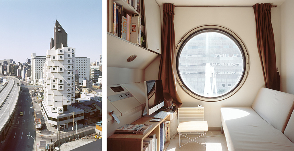 Links: Der Capsule Tower von Kishō Kurokawa in Tokio, 1970–1972 (© Tomio Ohashi); rechts: Noritaka Minami, A504, Tokio, 2012 (© Noritaka Minami)