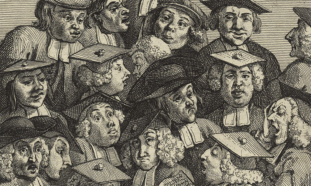 Studenten mit verschiedenen Hüten in einer Vorlesung, dargestellt von William Hogarth im Jahr 1736 (Wikipedia gemeinfrei, National Portrait Gallery, London)