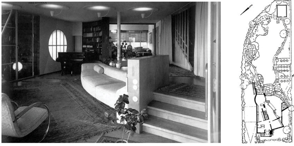 Haus Baensch, Blick in den Wohnbereich; Lageplan mit Gartenanlage (Bild: L'Architecture d'aujoud'hui, 320, 1999)