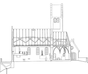 Schnitt; rechts die Trauerhalle