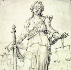 Maarten van Heemskerck: Justitia (1556, Bild: Wikiwand). »Die Augenbinde symbolisiert ihre Unvoreingenommenheit und damit die Gleichheit jedes einzelnen vor dem Gesetz. Gerichte entscheiden ohne Ansehen der Person.« (Quelle: Juristische Fakultät der Universität Augsburg)