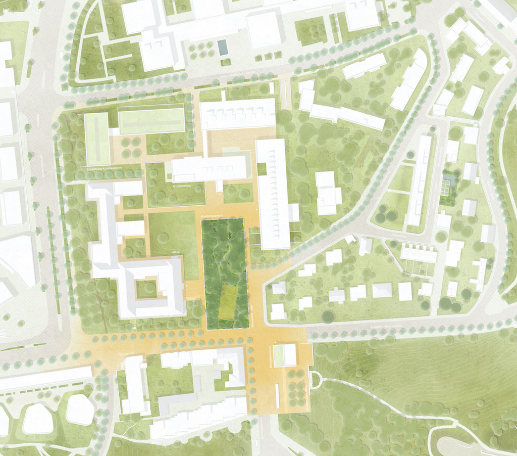 Lageplan (Entwurf: Bottega + Ehrhardt Architekten, Stuttgart, mit Koeber Landschaftsarchitektur, Stuttgart, und Ute Meyer Stadtplanung)