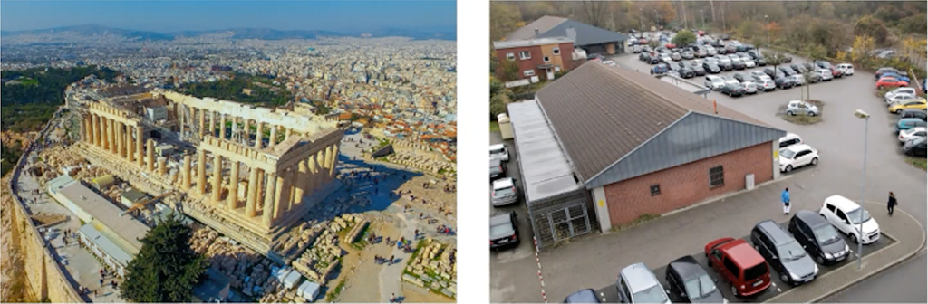 Tempelruine und Verkaufsschuppen mit Parkplatz: Die Gegenüberstellung soll die Fragwürdigkeit bauhistorischer Kanonisierung illustrieren. (Bildpaar: Sandra Meireiss)