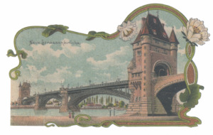 Die Wormser Rheinbrücke als Postkartenmotiv von 1902. Damals hieß sie noch Ernst-Ludwig-Brücke. Am Ende des zweiten Weltkriegs wurde die Stahlkonstruktion der Flussbrücke durch die Wehrmacht zerstört. Nach dem Wiederaufbau wurde sie 1953 umgetauft zur Nibelungenbrücke.