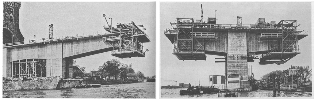 Für den Wiederaufbau der Wormser Rheinbrücke wurde 1951 ein beschränkter Wettbewerb unter sieben deutschen Stahl- und Stahlbetonbaufirmen ausgeschrieben. Die Stahlknappheit der Nachkriegsjahre trug dazu bei, dass Ulrich Finsterwalders Entwurf, die Brücke im freien Vorbau mit Spannbeton zu errichten, die besten Chancen hatte. Im Bild: Freier Vorbau vom Wormser Rheinufer und von einem der Strompfeiler aus zu beiden Seiten. (Bild:aus dem Buch)