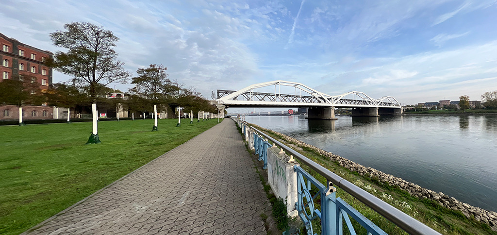Links das Ludwigshafener Rheinufer, die Adenauer-Brücke (Egon Jux) und rechts das Mannheimer Schloss. (Bild: Ursula Baus)