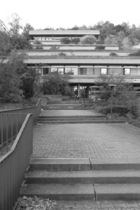 Die Baumasse ist auch in der Ansicht elegant mit horizontaler Gliederung ans Gelände geschmigt. (Foto: Leo Herrmann, 2018)