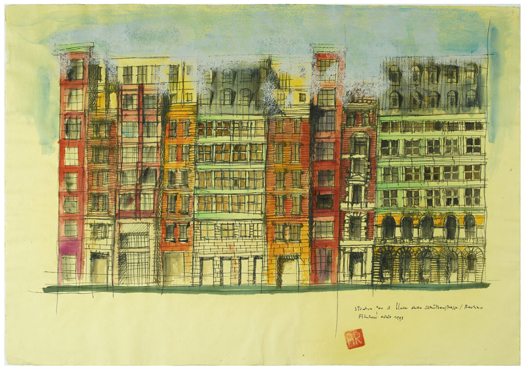 Aldo Rossi: Studie für den Block in der Schützenstraße, Berlin, 1993. Aquarell und Tinte auf Papier, 49,6 x 70,5 cm. Privatsammlung (Tchoban Foundation)