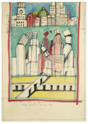 Aldo Rossi: Die persönlichen Zeiten und die einer Stadt, 1987. Aquarell, Filzstift und Tempera auf Offsetdruck, 42 x 29,5 cm. Privatsammlung (Tchoban Foundation)