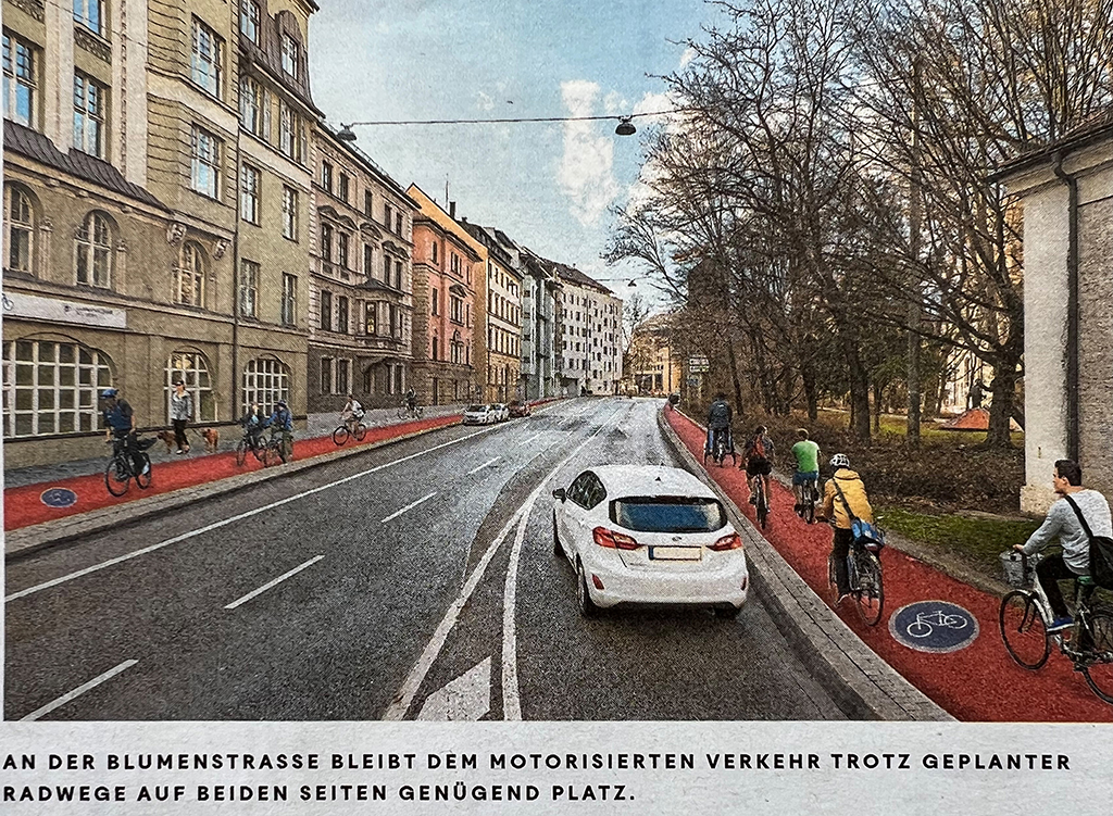 Broschüre zur Umplanung am Münchner Ring: Im Verteilungskampf zieht der Fußgänger den Kürzeren; rechts hat er keinen Platz mehr, und links passen Herrchen und Hündchen hin. Eine Straßenquerung ist nicht im Blickfeld.