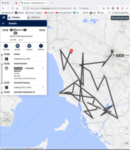 Die Zickzack_Linie zeigt die Fahrroute von Niebüll nach Galmsbüll-Hauberg, 15 Uhr