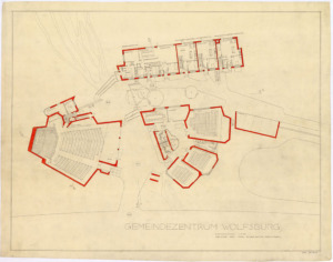 Kirche und Gemeindezentrum in Wolfsburg 1960-62; Bleistift und Tusche auf Transparentpapier, 79 x 96,3 cm (Tchoban Foundation)