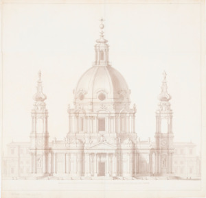 Julius Heinrich Schwarze (1706-1775): Ansicht der Kuppelkirche mit zwei Flankentürmen (Kopie des 'dono accademico' Filippo Juvarras von 1707, 1733-35 (Dresden, Landesamt für Denkmalpflege Sachsen, Plnaunsammlung Inv.Nr. M 51. I. Bl. 16)