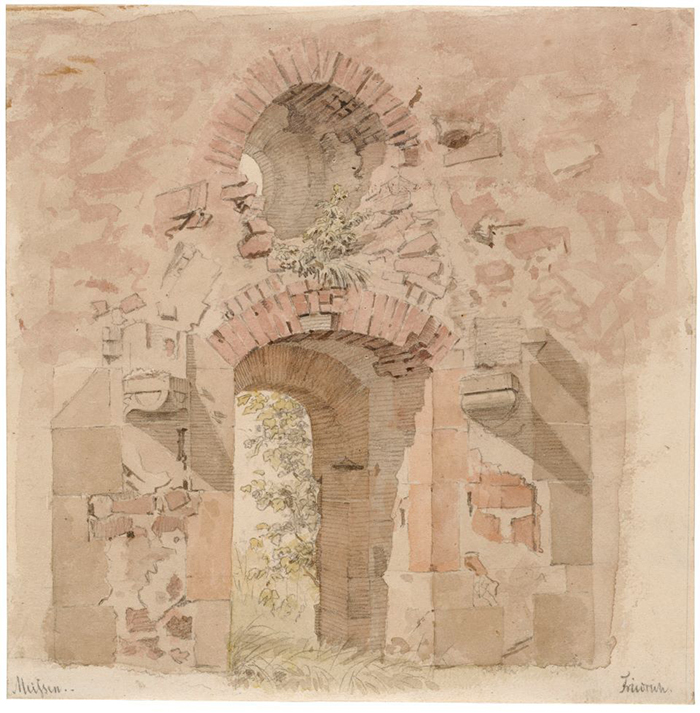 Caspar Davir Friedrich: Blick aus dem Kapitelsaal der Klosterruine Heilig Kreuz bei Meien, um 1824 (© Staatliche Kunstsammlungen Dresden, Kupferstich-Kabinett)