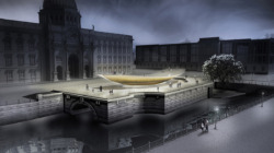Nationales Einheits- und Freiheitsdenkmal in Berlin, überarbeiteter Entwurf Stand Herbst 2014: Nachtansicht vom Schinkelplatz aus betrachtet. (© Milla & Partner)