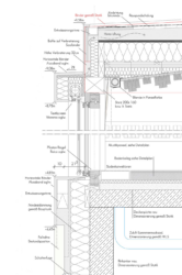 Vertikalschnitt durch die Anschlüsse alt/neu und neues Dach (© mamuth Architekten)