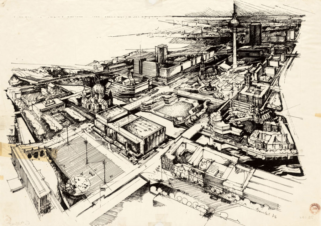 Dieter Bankert. Berlin, Stadtzentrum, Vogelschau, 1976, Tusche und Deckweiß auf Transparentpapier, 42 × 59 cm; IRS, Erkner, C_17_03-40