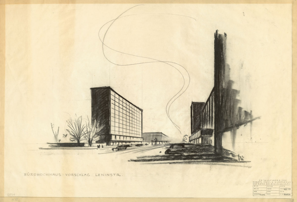 Heinz Auspurg. Leipzig, Bürohochhaus in der Leninstraße (heute Prager Straße), 1960er Jahre, Zeichenkohle auf Transparentpapier, 44,5 × 66,5 cm; Stadtarchiv Leipzig, 0069 BCA Pläne Nr. 4073
