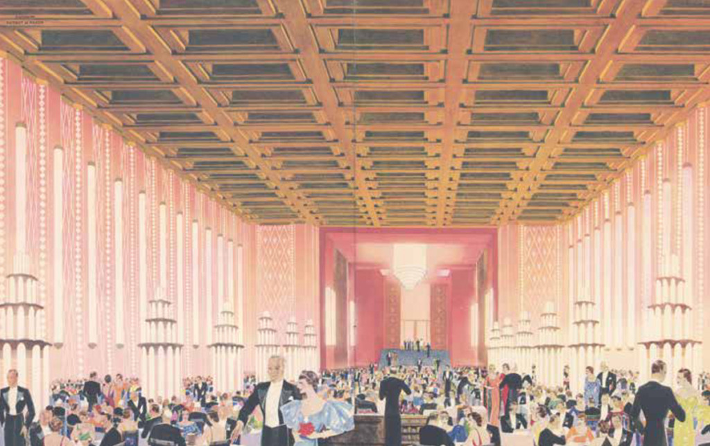 Paul Iribe, La Salle à manger de la première classe de Normandie, brochure publicitaire de la Compagnie Générale Transatlantique, vers 1935. Papier cartonné imprimé, 30,5 x 24,3 x 0,4 cm (fermé), (Copyright: Collection Saint-Nazaire Agglomération Tourisme - Écomusé)