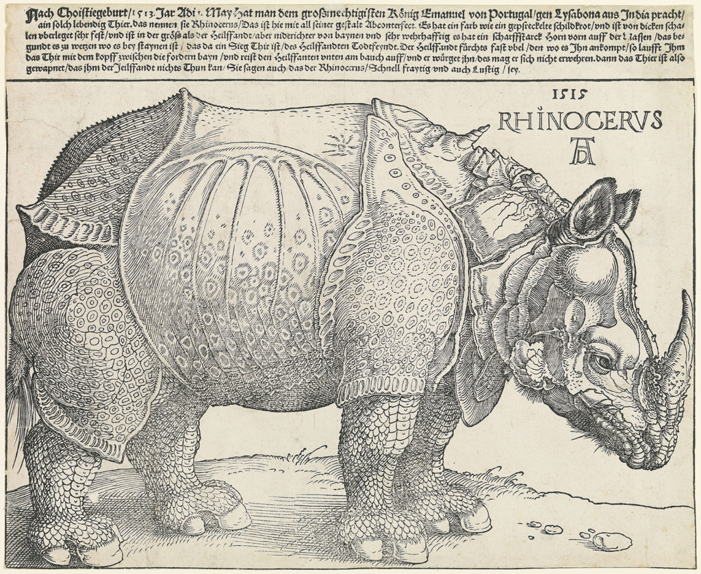 Albrecht Dürer: Rhinocerus, Nürnberg, 1515. Holzschnitt. (Bild: Germanisches Nationalmuseum, Nürnberg, Kat. 119)