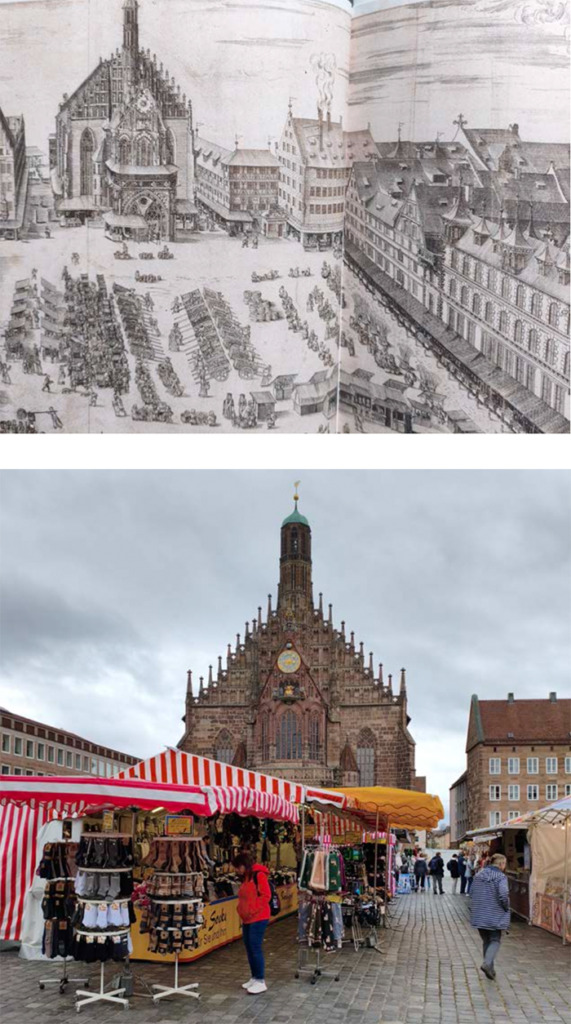 Hauptmarkt von Nürnberg, aus dem Baumeisterbuch des Wolf Jakob Stromer, um 1600 (Nürnberg, Staatsarchiv, Archiv des Freiherren Stromer von Reichenbach, B15, No. 200. (Foto. Staatsarchiv Nürnberg) Darunter der Herbstmarkt 2025 (Foto: Karl J. Habermann)