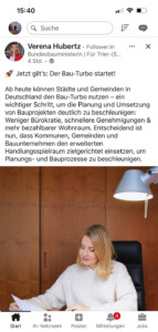 Nachricht zur Bau-Turbo-Zündung im Linkedin-Account der Bundesministerin Hubertz
