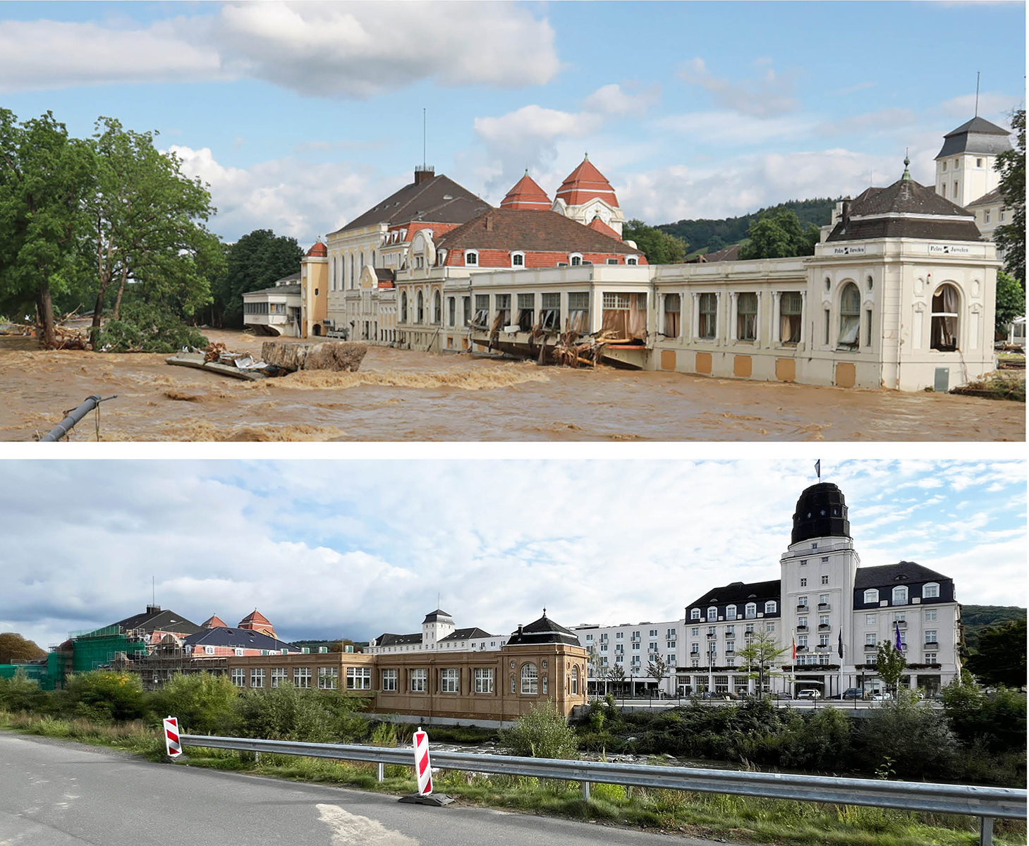 Innenstadtbereich von Bad Neuenahr. Oben: 2021, nach der Flut (Bild: Andreas Schmickler), unten: September 2025 (Bild: Ursula Baus)