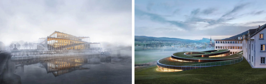 Das Büro BIG hat Erfahrung mit Kulturbauten, die für den Wettbewerb qualifizieren. Links: Prag, Philharmonie; Entwurf von BIG, 2021; rechts: Musée Atelier Audemars Piguet, Le Brassus, Schweiz, 2020 (Copyright: BIG)