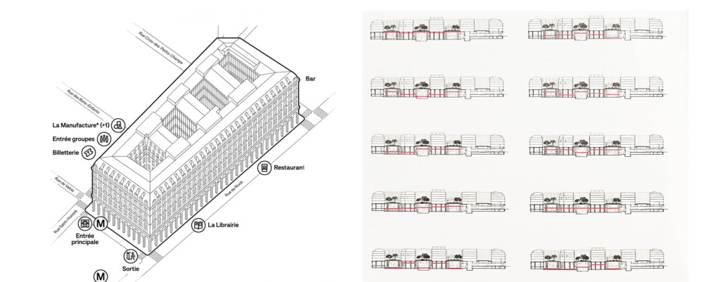 Fondation Cartier: Axonometrie und Längsschnitt mit Varionten der Ebenen-Positionierung. (Bild: Jean Nouvel)