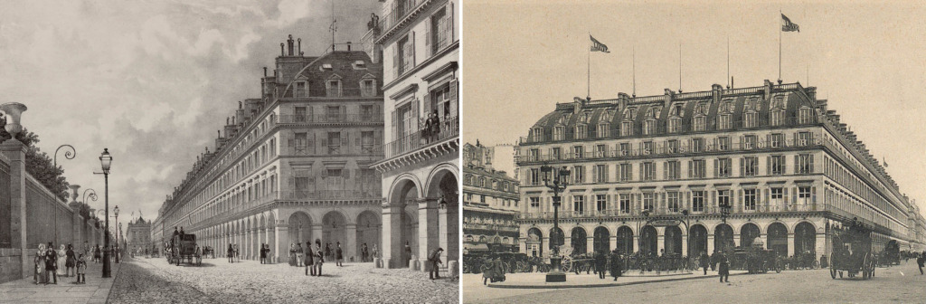 Links: Blick in die rue de Rivoli. Lithographie von Philippe Benoist. (Copyright: Paris Musées / Musée Carnavalet – Histoire de Paris); rechts: Les Grands Magasins du Louvre, 1880 (Copyright: Fondation Cartier)