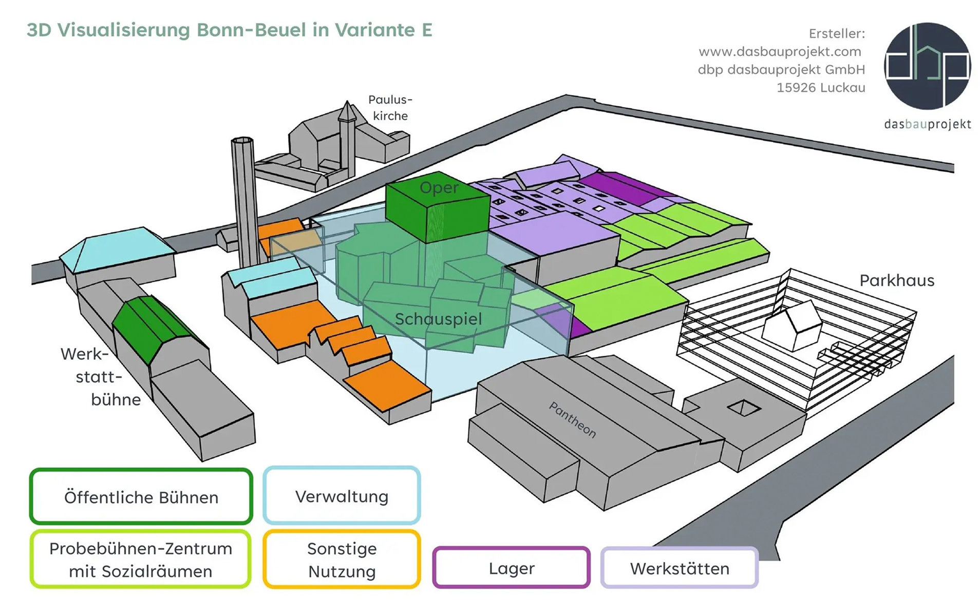 Entwickelt wurden fünf Lösungswege, bei denen sich die Kosten deutlich unterscheiden: Variante A: Sanierung der bisherigen Standorte inklusive Interimsbau (665 Millionen Euro) Variante B: Neubau der Oper an selber Stelle inklusive Interimsbau, Sanierung Schauspielhaus (734 Millionen Euro) Variante C: Neubau der Oper an selber Stelle in Modulbauweise inklusive Interimsbau, Sanierung Schauspielhaus (464 Millionen Euro) Variante D: Neubau der Oper in Modulbauweise in Beuel, Sanierung Schauspielhaus (445 Millionen Euro) Empfohlen wird Variante E: Neubau von Oper und Schauspiel in Modulbauweise in Beuel (426 Millionen Euro)