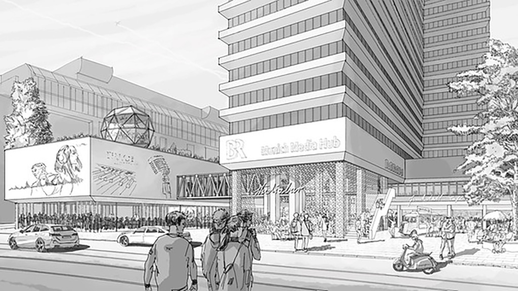Bis 2030 soll auf dem BR-Gelände in der Münchner Innenstadt der Munich Media Hub entstehen - ein Campus für Medien und Kultur und ein öffentlicher Ort der Begegnung und für den Austausch. Hier in der Ansicht von der Arnulfstraße aus. (Bild: BR) https://www.br.de/presse/inhalt/pressemitteilungen/bayerischer-rundfunk-funkhaus-umbau-munich-media-hub-100.html