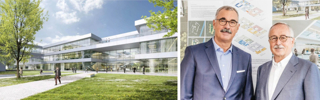 Links: Vorschau auf das neue BR-Aktualitätenzentrum (© Presse: BR / Fritsch & Tschaidse Architekten GmbH); rechts: Aslan Tschaidse und Rüdiger Leo Fritsch (© Presse BR / Philipp Kimmelzwinger) 