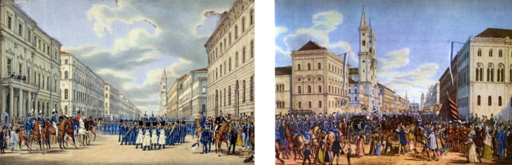 Die Untere Ludwigstraße als Paradeplatz: "Inspizierung des Buerger Militairs", Farblithographie von Gustav Kraus 1842; rechts: Die Obere Ludwigstraße als Fanmeile 1842: Bei der Ankunft bejubelt München Marie von Preußen, die 16-jährige, protestantische Braut des Kronprinzen Maximilian. Farblithographie von Gustav Kraus.